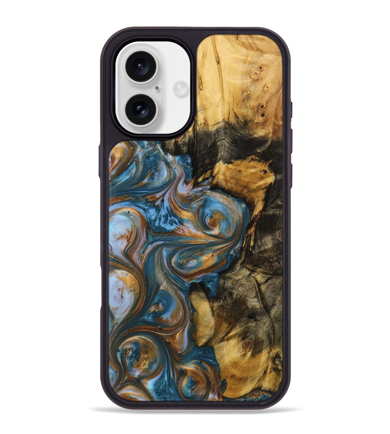 iPhone 16 Plus Wood+Resin Phone Case - Zaiden (Teal & Gold, 719492)