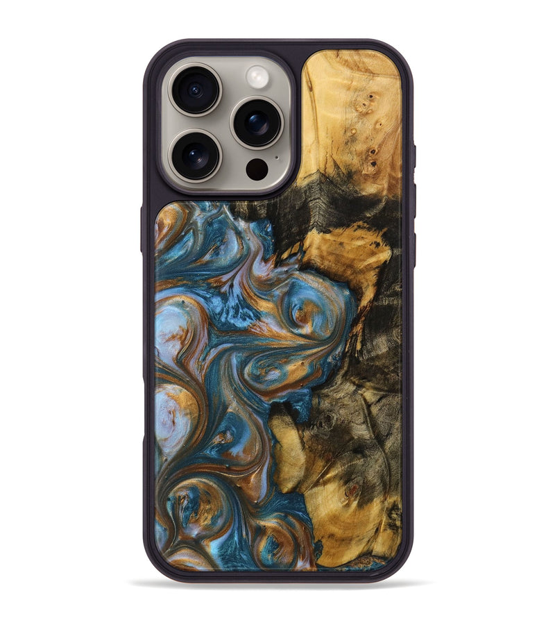 iPhone 16 Pro Max Wood+Resin Phone Case - Zaiden (Teal & Gold, 719492)