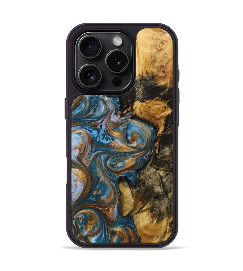 iPhone 16 Pro Wood+Resin Phone Case - Zaiden (Teal & Gold, 719492)