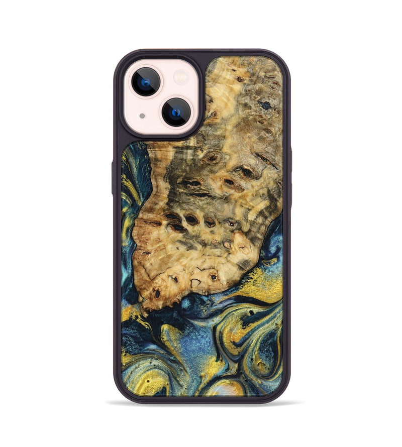 iPhone 14 Wood+Resin Phone Case - Bobby (Teal & Gold, 719574)