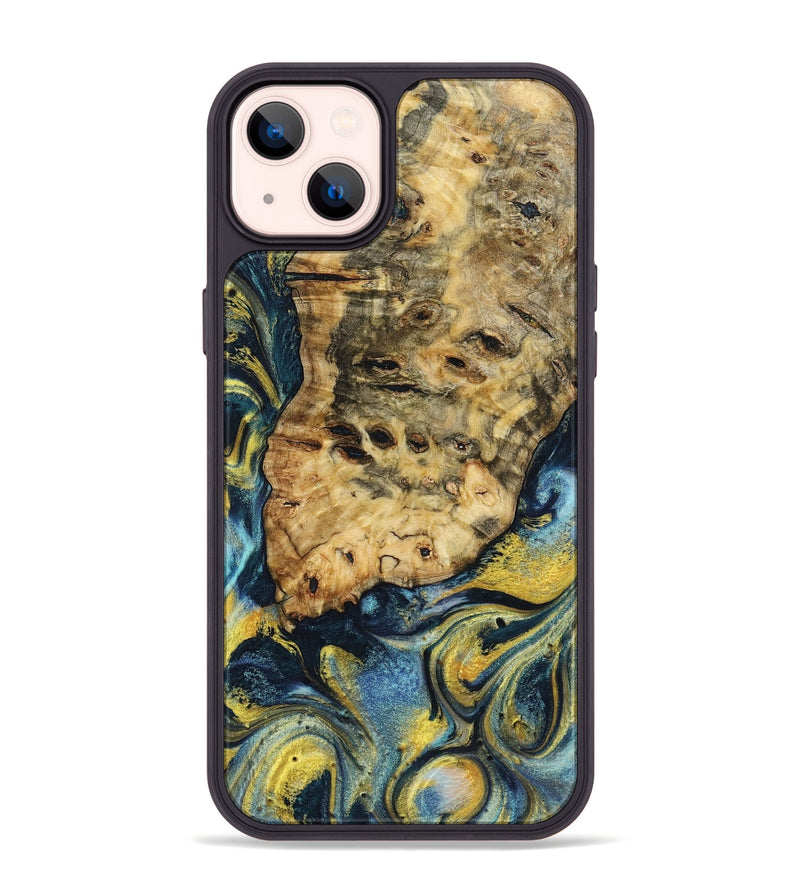 iPhone 14 Plus Wood+Resin Phone Case - Bobby (Teal & Gold, 719574)