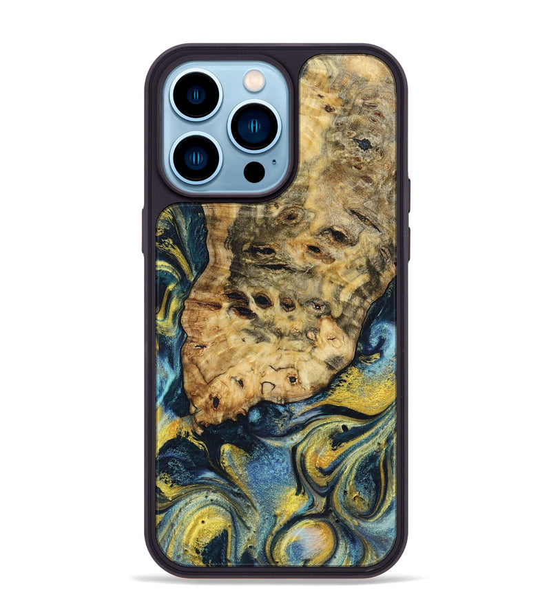 iPhone 14 Pro Max Wood+Resin Phone Case - Bobby (Teal & Gold, 719574)