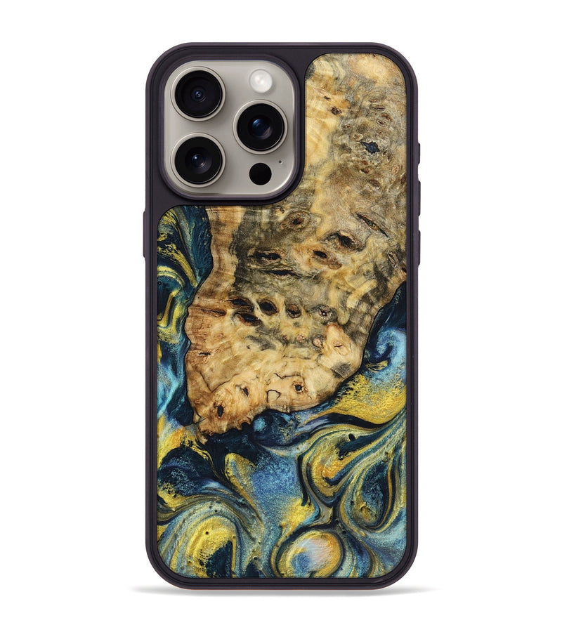 iPhone 15 Pro Max Wood+Resin Phone Case - Bobby (Teal & Gold, 719574)