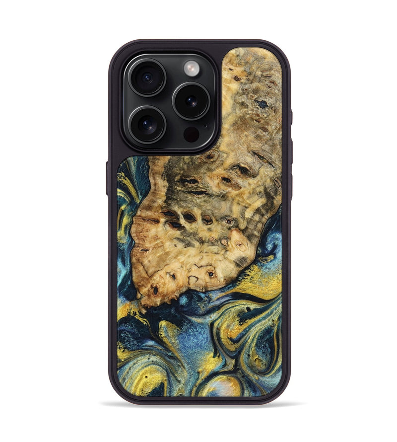 iPhone 15 Pro Wood+Resin Phone Case - Bobby (Teal & Gold, 719574)