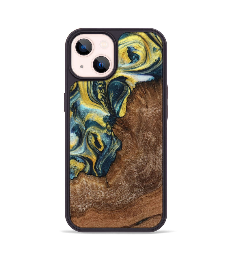 iPhone 14 Wood+Resin Phone Case - Lane (Teal & Gold, 719575)