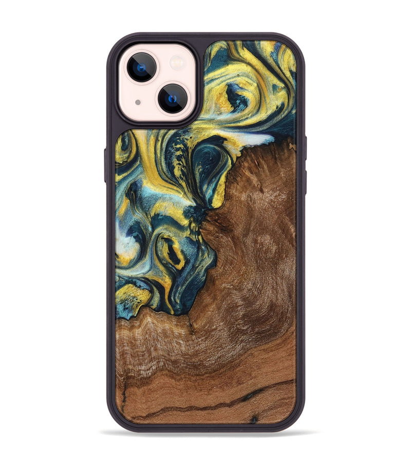 iPhone 14 Plus Wood+Resin Phone Case - Lane (Teal & Gold, 719575)