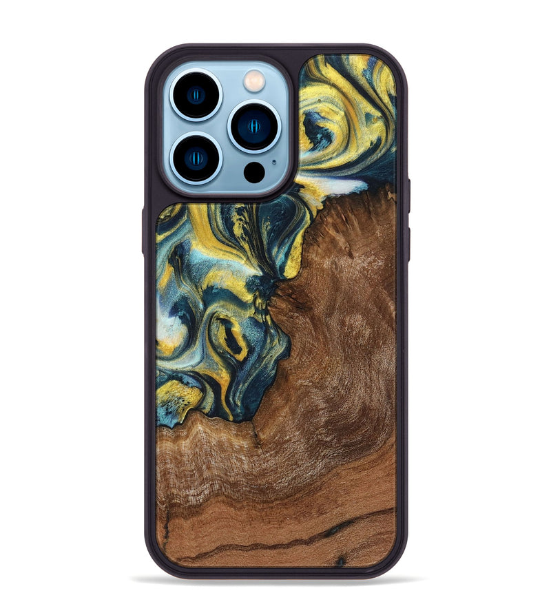 iPhone 14 Pro Max Wood+Resin Phone Case - Lane (Teal & Gold, 719575)