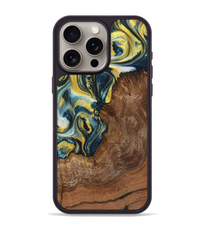 iPhone 15 Pro Max Wood+Resin Phone Case - Lane (Teal & Gold, 719575)