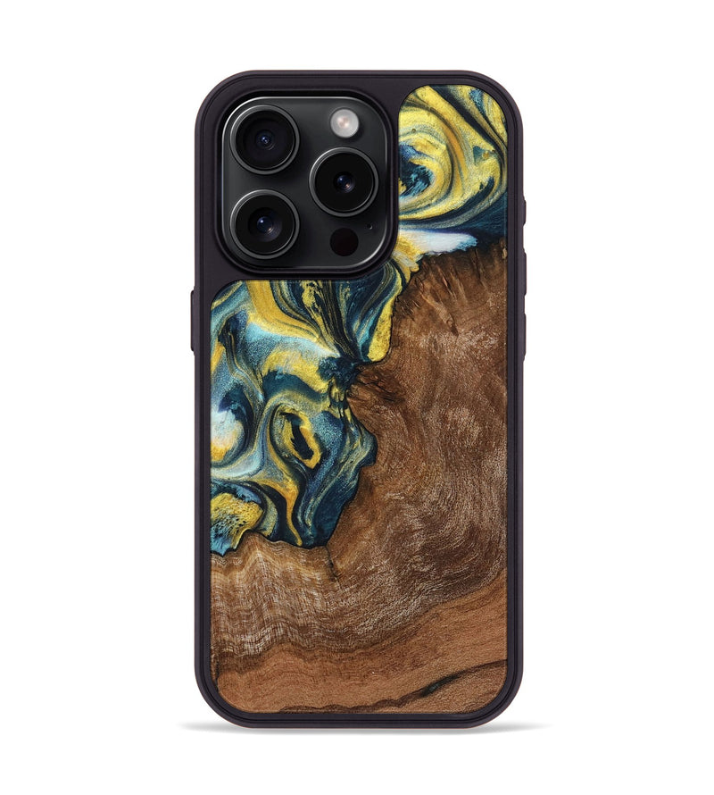 iPhone 15 Pro Wood+Resin Phone Case - Lane (Teal & Gold, 719575)