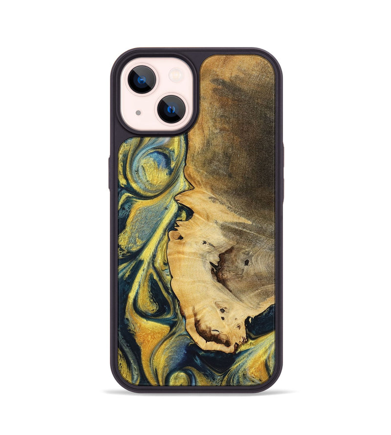 iPhone 14 Wood+Resin Phone Case - Lincoln (Teal & Gold, 719576)