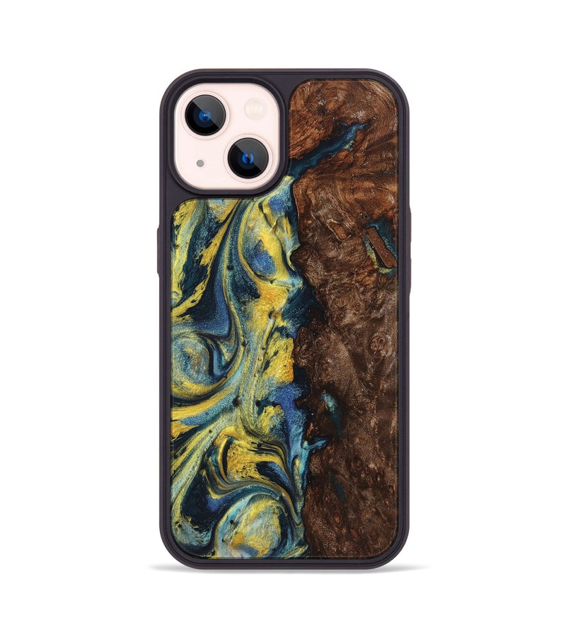 iPhone 14 Wood+Resin Phone Case - Payton (Teal & Gold, 719578)