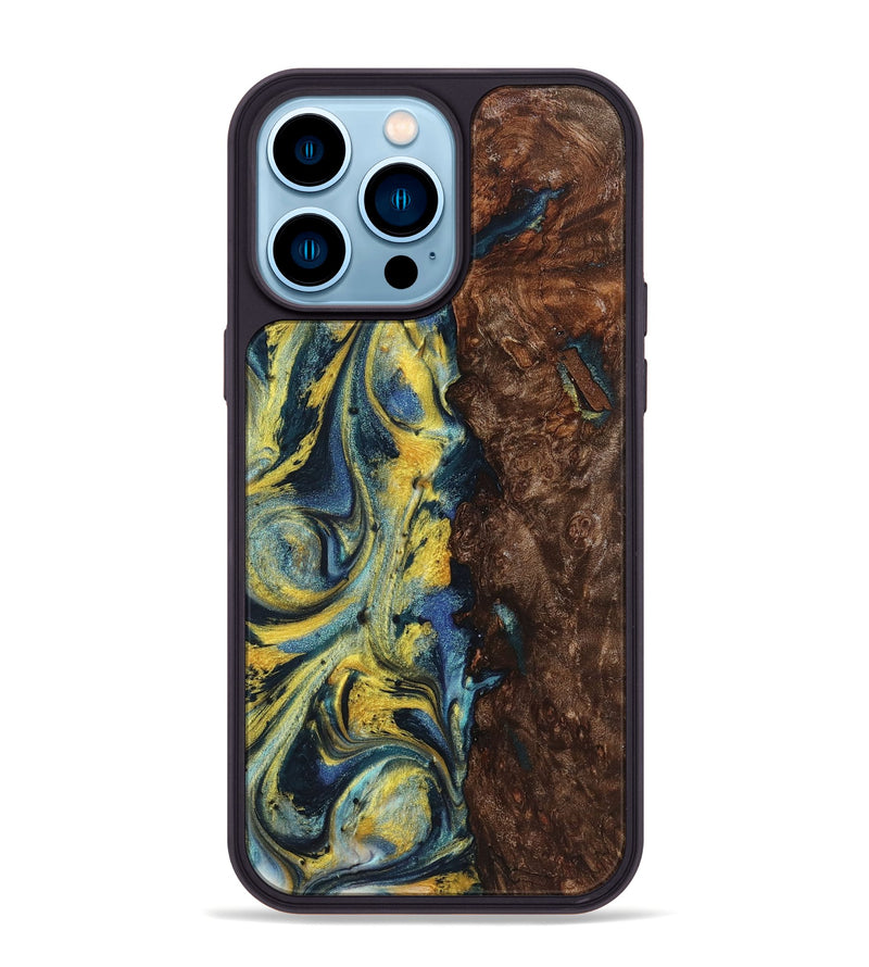 iPhone 14 Pro Max Wood+Resin Phone Case - Payton (Teal & Gold, 719578)