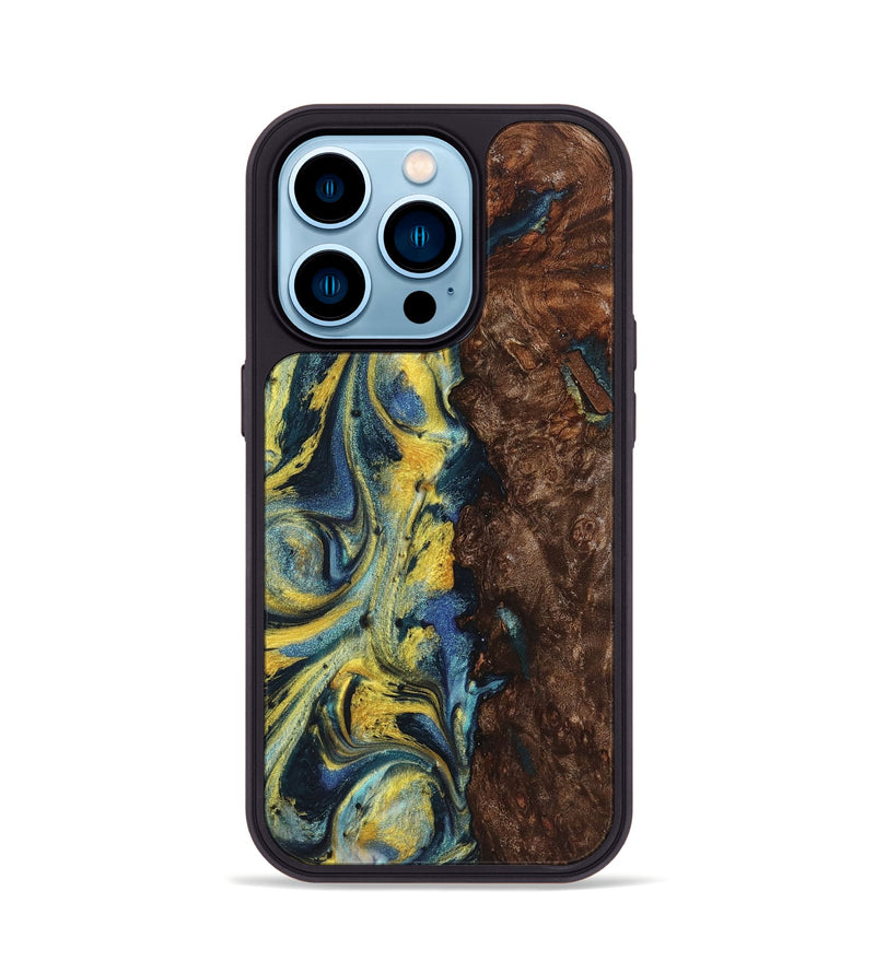 iPhone 14 Pro Wood+Resin Phone Case - Payton (Teal & Gold, 719578)