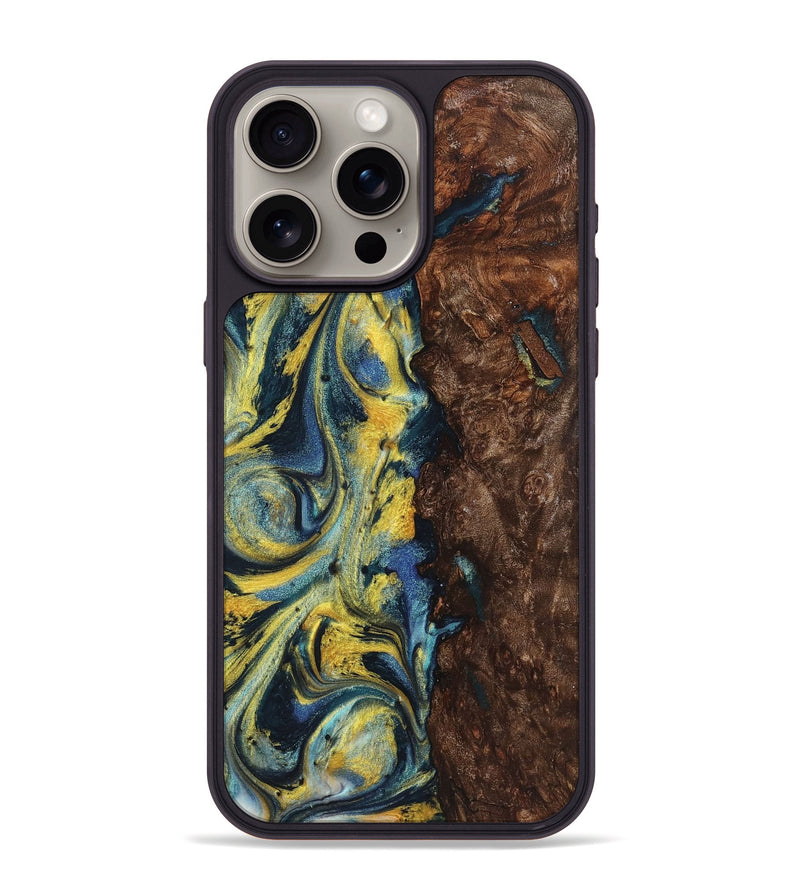 iPhone 15 Pro Max Wood+Resin Phone Case - Payton (Teal & Gold, 719578)