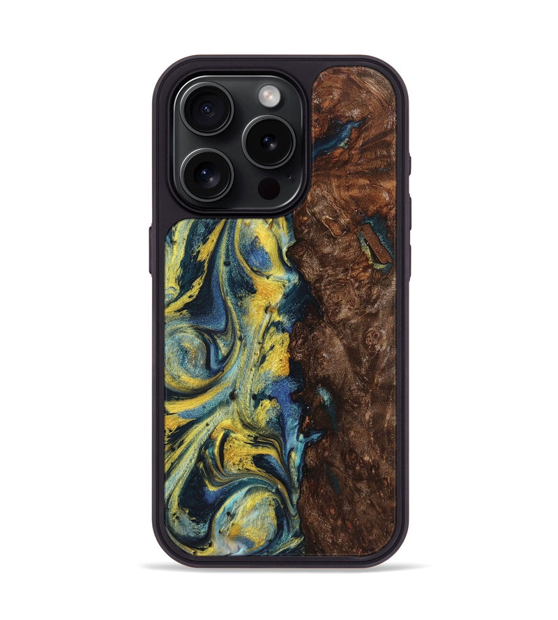 iPhone 15 Pro Wood+Resin Phone Case - Payton (Teal & Gold, 719578)