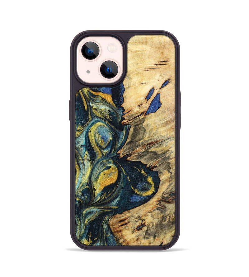 iPhone 14 Wood+Resin Phone Case - Jakob (Teal & Gold, 719579)