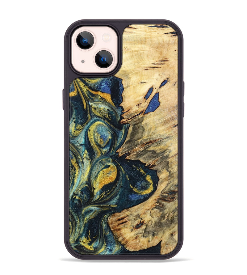 iPhone 14 Plus Wood+Resin Phone Case - Jakob (Teal & Gold, 719579)