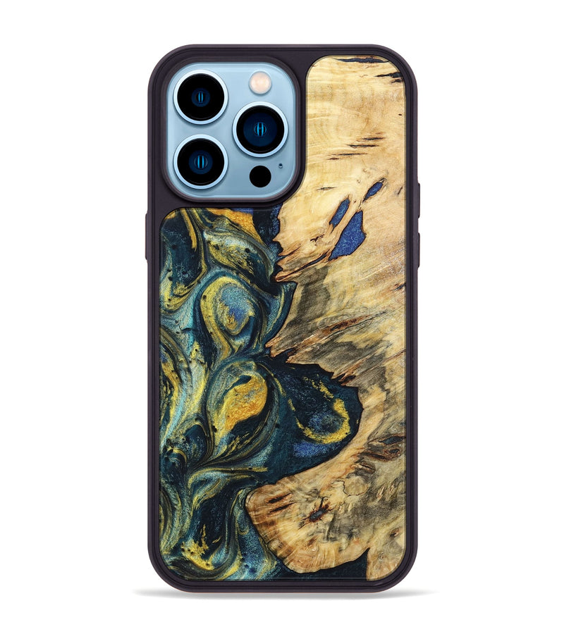 iPhone 14 Pro Max Wood+Resin Phone Case - Jakob (Teal & Gold, 719579)