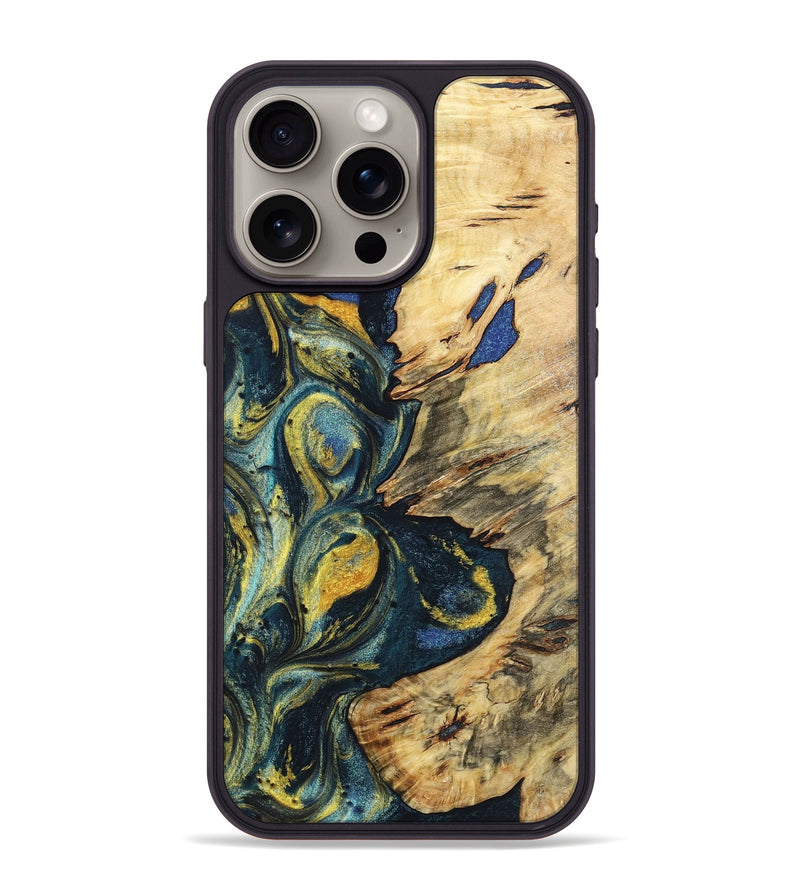 iPhone 15 Pro Max Wood+Resin Phone Case - Jakob (Teal & Gold, 719579)