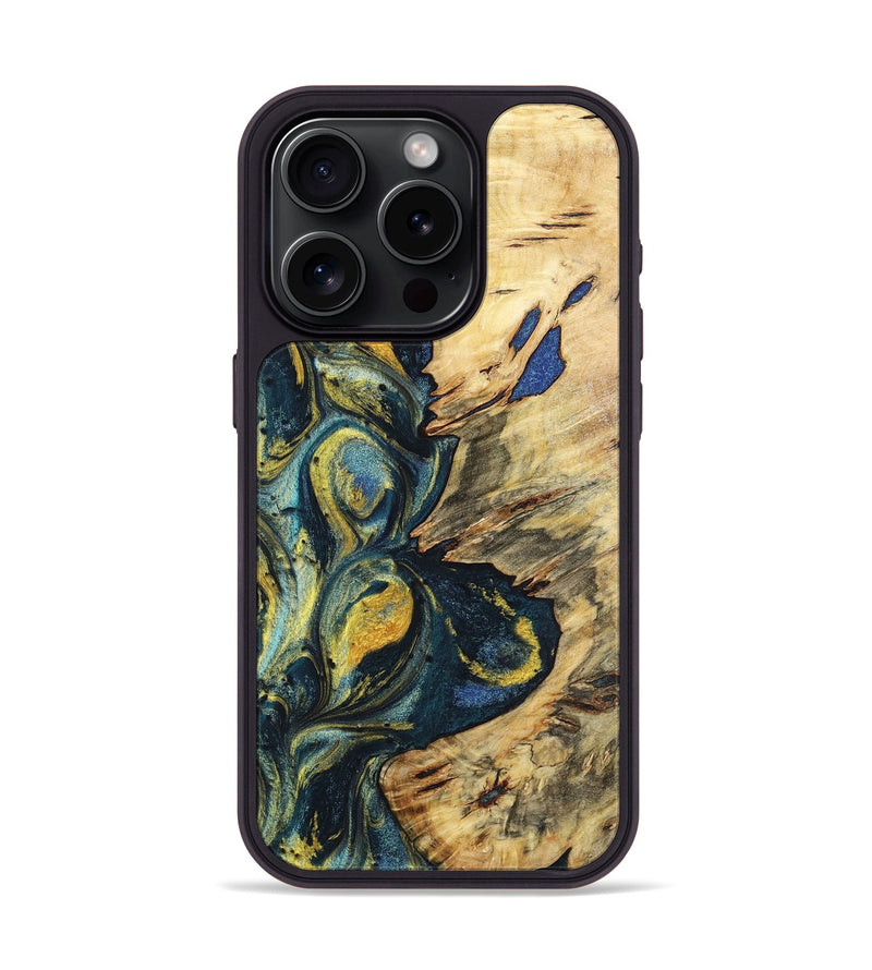 iPhone 15 Pro Wood+Resin Phone Case - Jakob (Teal & Gold, 719579)