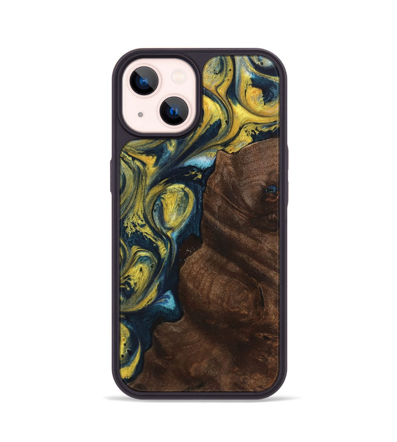 iPhone 14 Wood+Resin Phone Case - Karina (Teal & Gold, 719580)