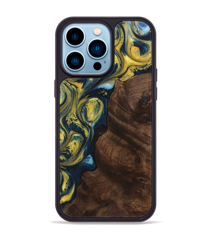 iPhone 14 Pro Max Wood+Resin Phone Case - Karina (Teal & Gold, 719580)