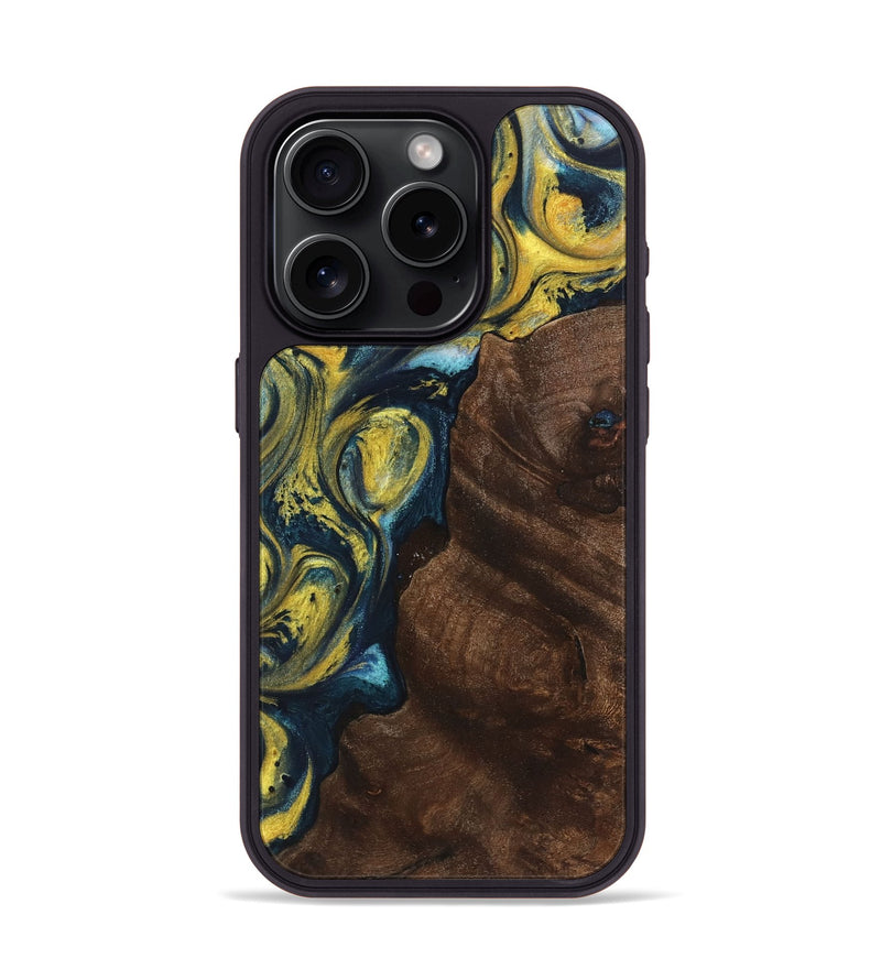 iPhone 15 Pro Wood+Resin Phone Case - Karina (Teal & Gold, 719580)