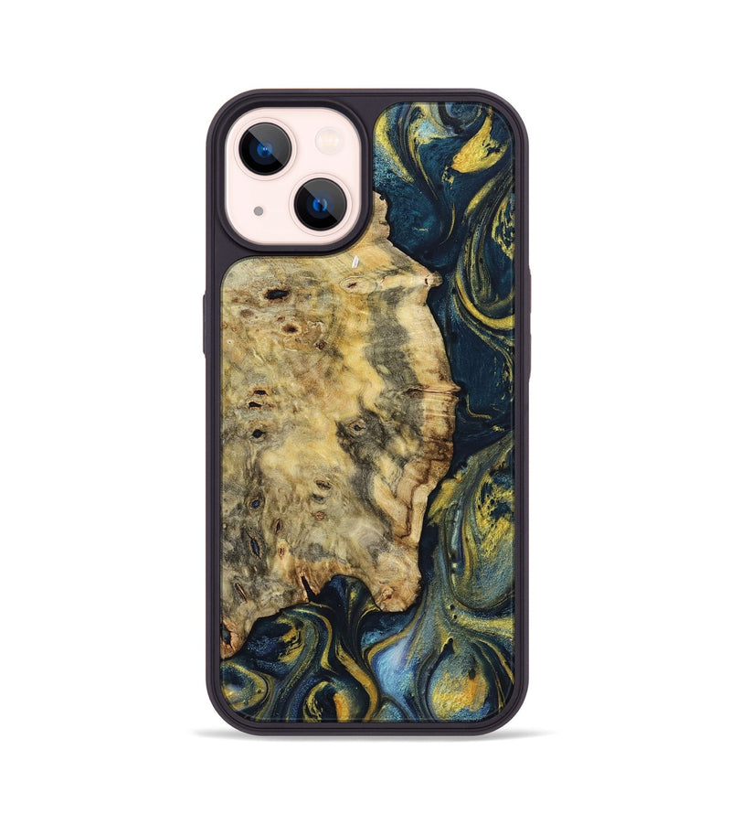 iPhone 14 Wood+Resin Phone Case - Keri (Teal & Gold, 719582)