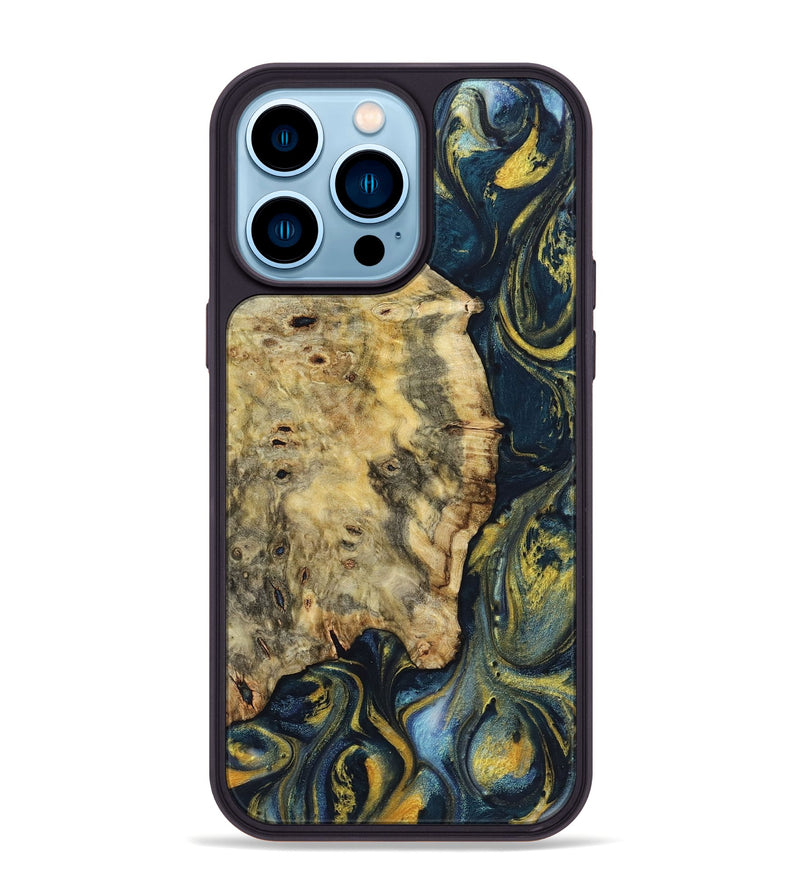 iPhone 14 Pro Max Wood+Resin Phone Case - Keri (Teal & Gold, 719582)