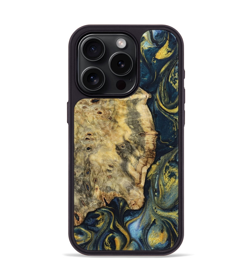 iPhone 15 Pro Wood+Resin Phone Case - Keri (Teal & Gold, 719582)