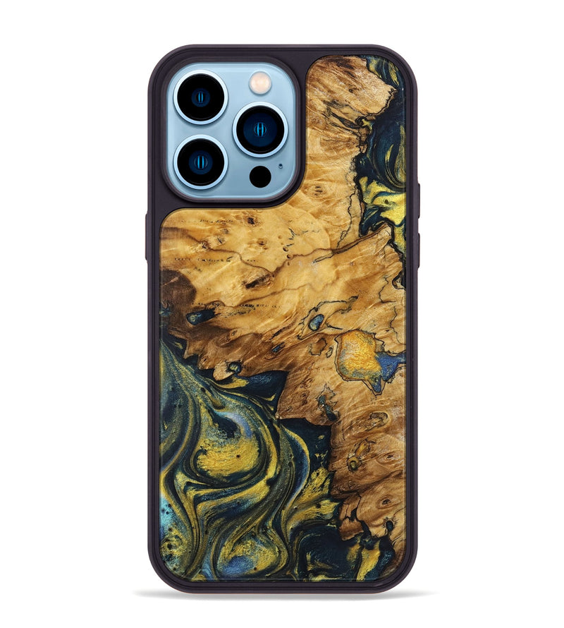 iPhone 14 Pro Max Wood+Resin Phone Case - Jaxon (Teal & Gold, 719583)