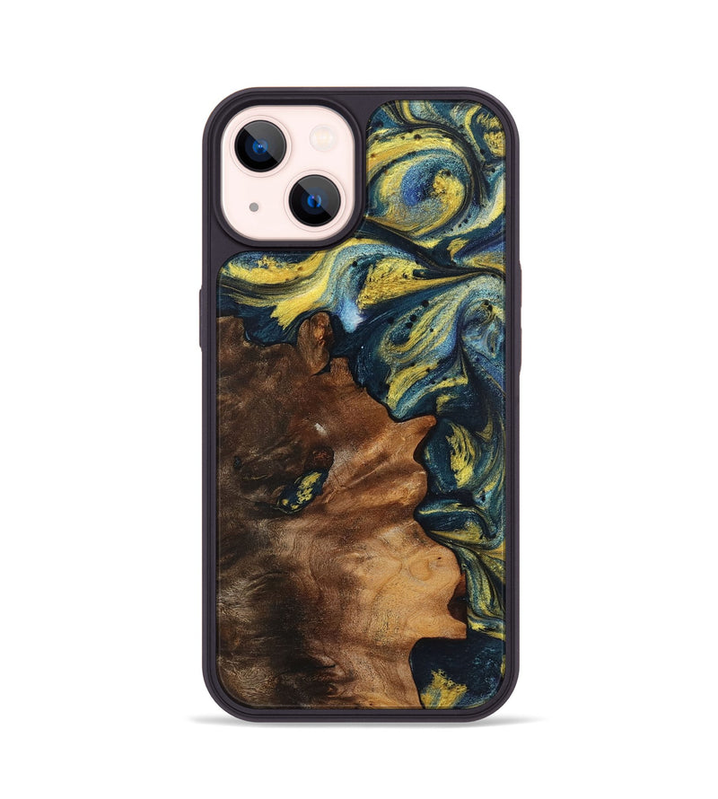 iPhone 14 Wood+Resin Phone Case - Ronnie (Teal & Gold, 719584)