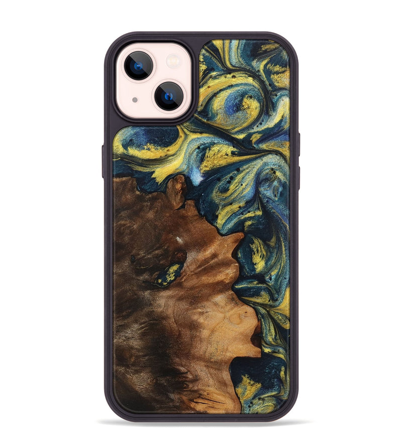 iPhone 14 Plus Wood+Resin Phone Case - Ronnie (Teal & Gold, 719584)