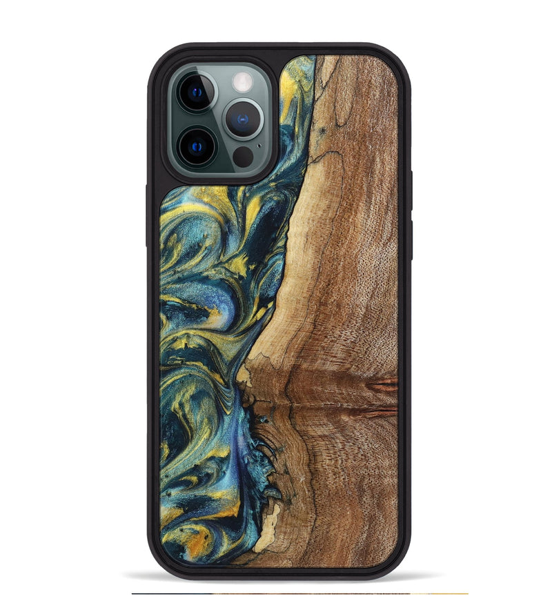 iPhone 12 Pro Max Wood+Resin Phone Case - Wren (Teal & Gold, 719586)