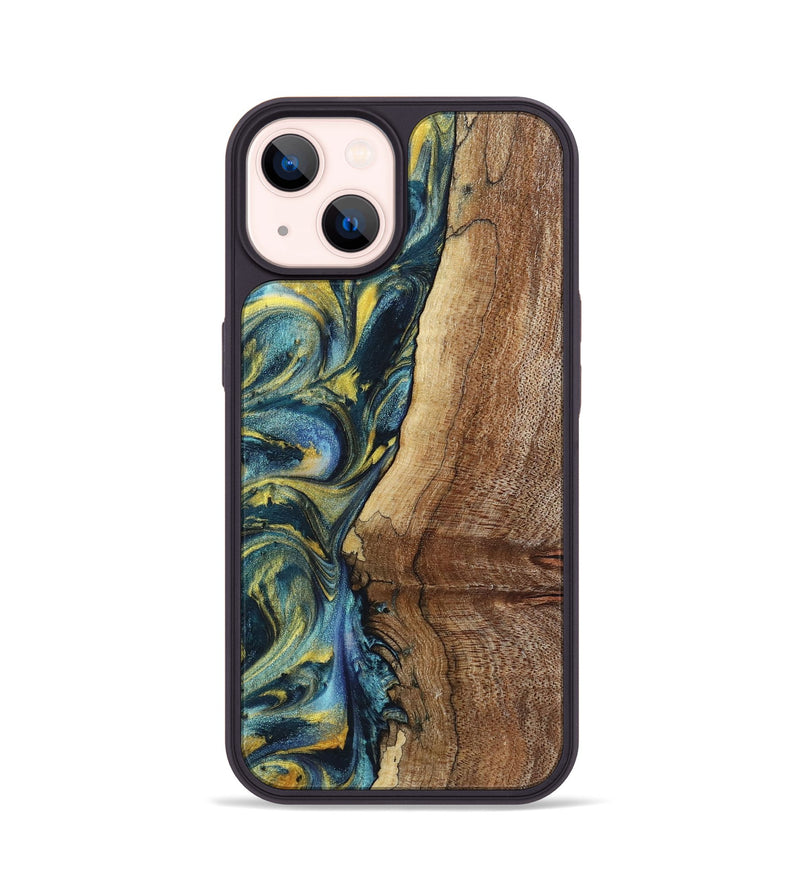 iPhone 14 Wood+Resin Phone Case - Wren (Teal & Gold, 719586)