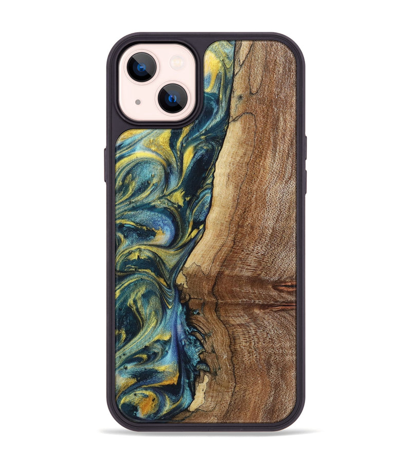 iPhone 14 Plus Wood+Resin Phone Case - Wren (Teal & Gold, 719586)