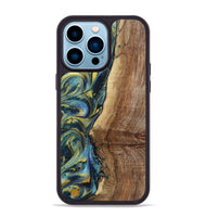 iPhone 14 Pro Max Wood+Resin Phone Case - Wren (Teal & Gold, 719586)