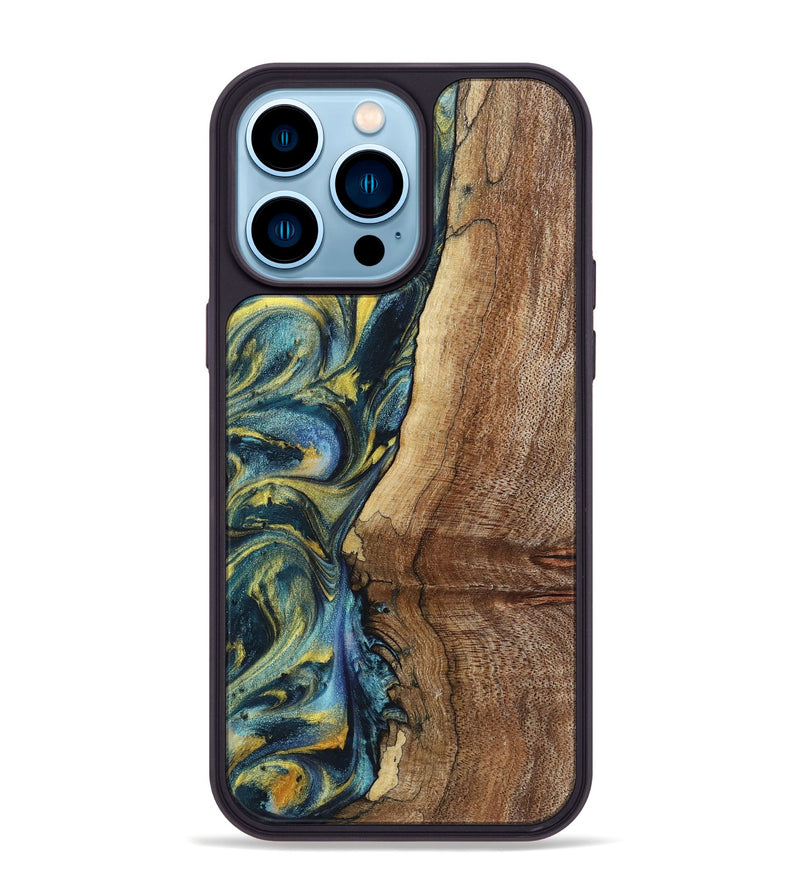 iPhone 14 Pro Max Wood+Resin Phone Case - Wren (Teal & Gold, 719586)