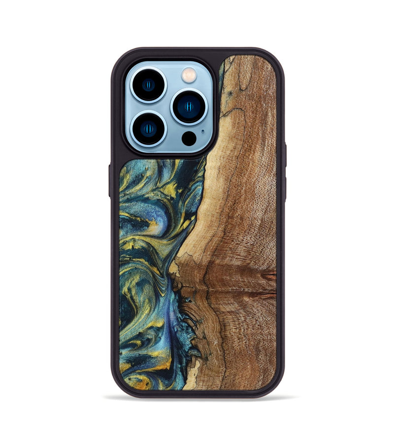 iPhone 14 Pro Wood+Resin Phone Case - Wren (Teal & Gold, 719586)