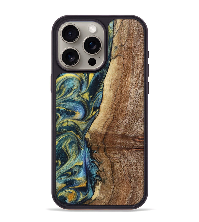 iPhone 15 Pro Max Wood+Resin Phone Case - Wren (Teal & Gold, 719586)