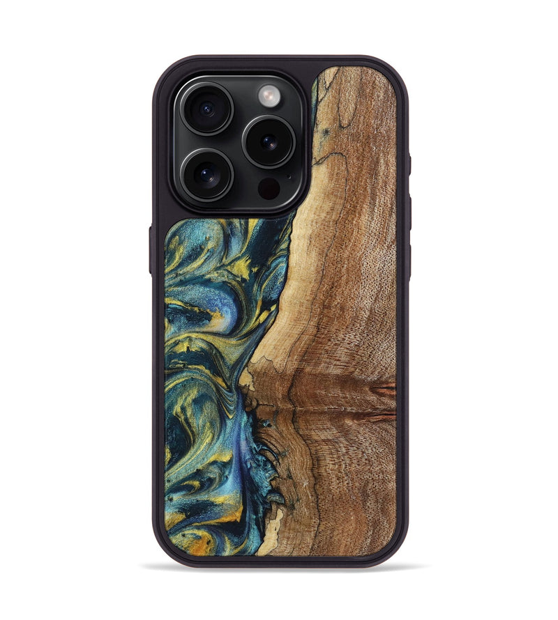 iPhone 15 Pro Wood+Resin Phone Case - Wren (Teal & Gold, 719586)