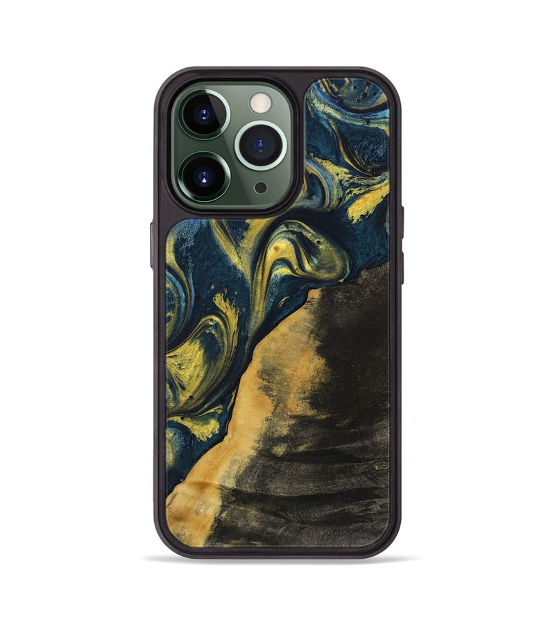 iPhone 13 Pro Wood+Resin Phone Case - Marely (Teal & Gold, 719588)