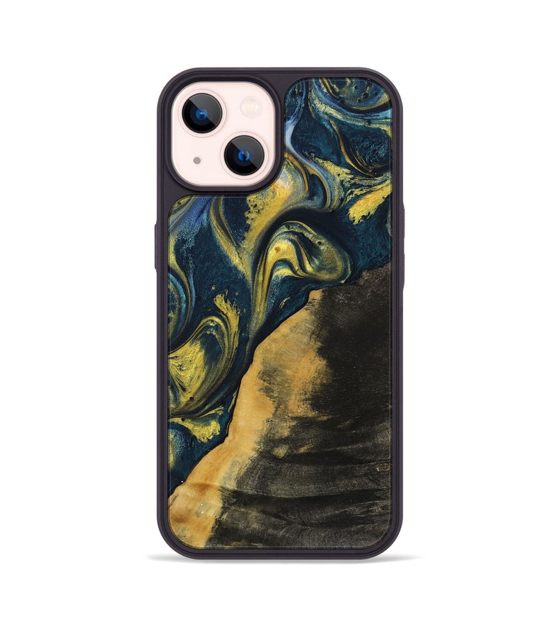 iPhone 14 Wood+Resin Phone Case - Marely (Teal & Gold, 719588)