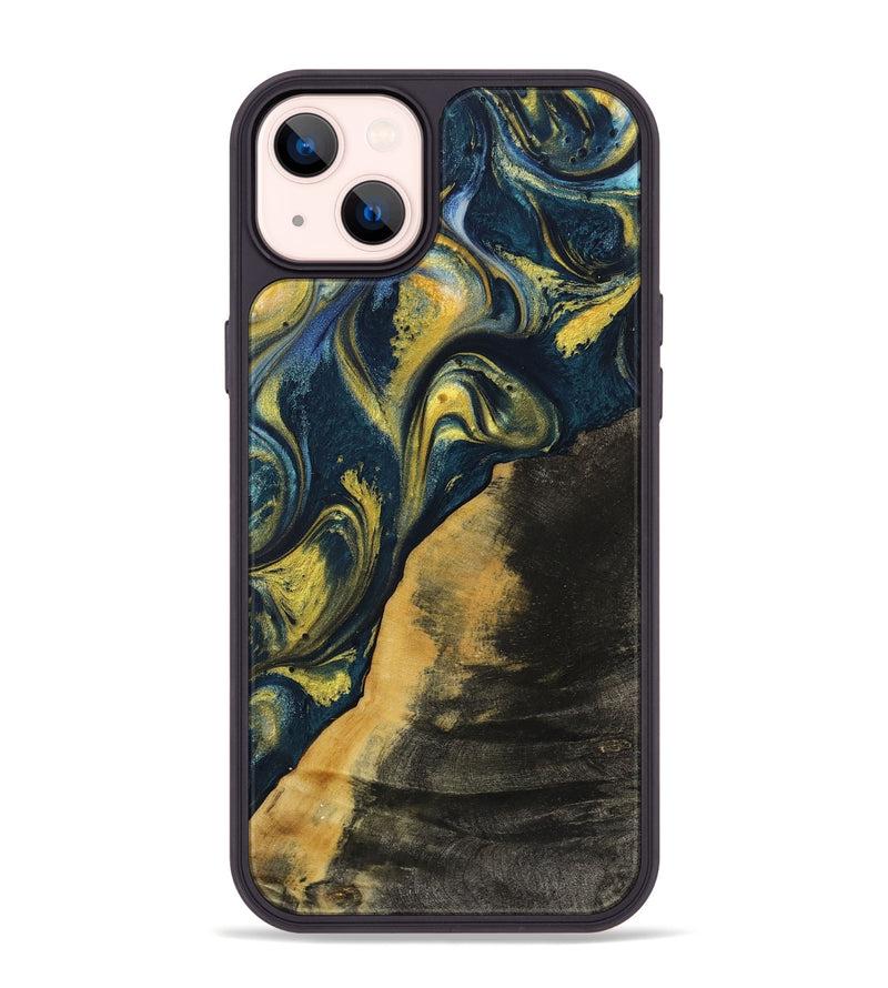 iPhone 14 Plus Wood+Resin Phone Case - Marely (Teal & Gold, 719588)