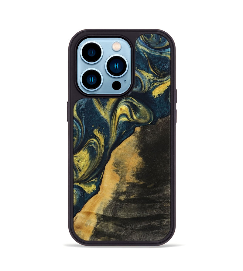 iPhone 14 Pro Wood+Resin Phone Case - Marely (Teal & Gold, 719588)