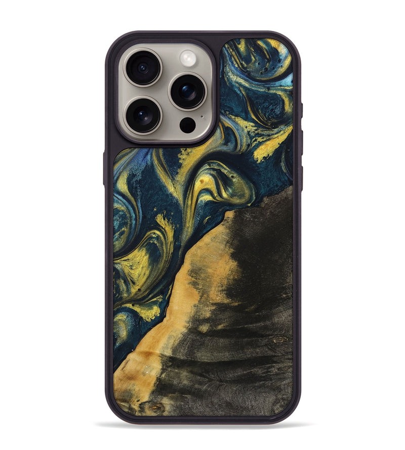 iPhone 15 Pro Max Wood+Resin Phone Case - Marely (Teal & Gold, 719588)