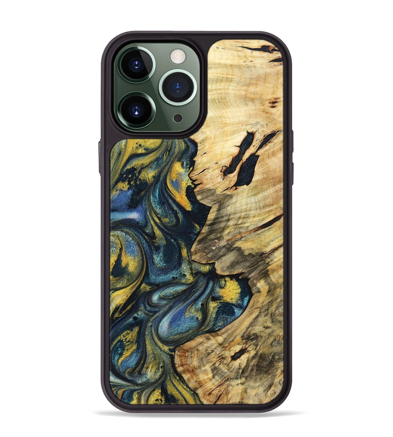 iPhone 13 Pro Max Wood+Resin Phone Case - Mandy (Teal & Gold, 719590)