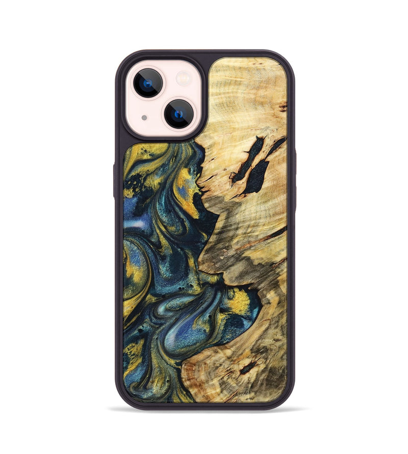 iPhone 14 Wood+Resin Phone Case - Mandy (Teal & Gold, 719590)