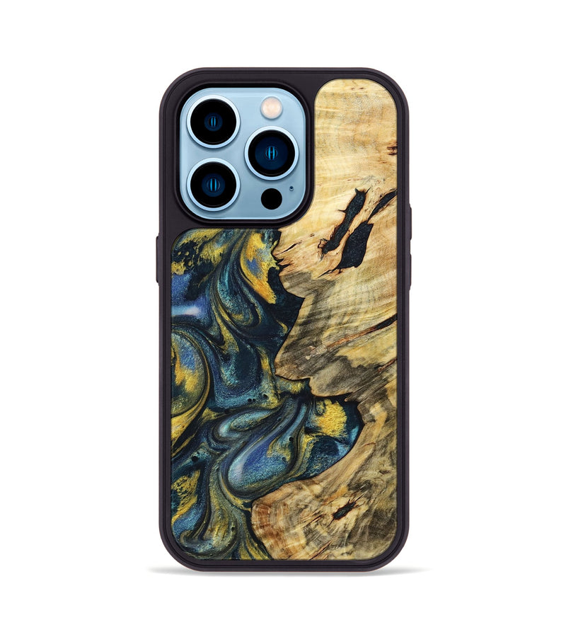 iPhone 14 Pro Wood+Resin Phone Case - Mandy (Teal & Gold, 719590)