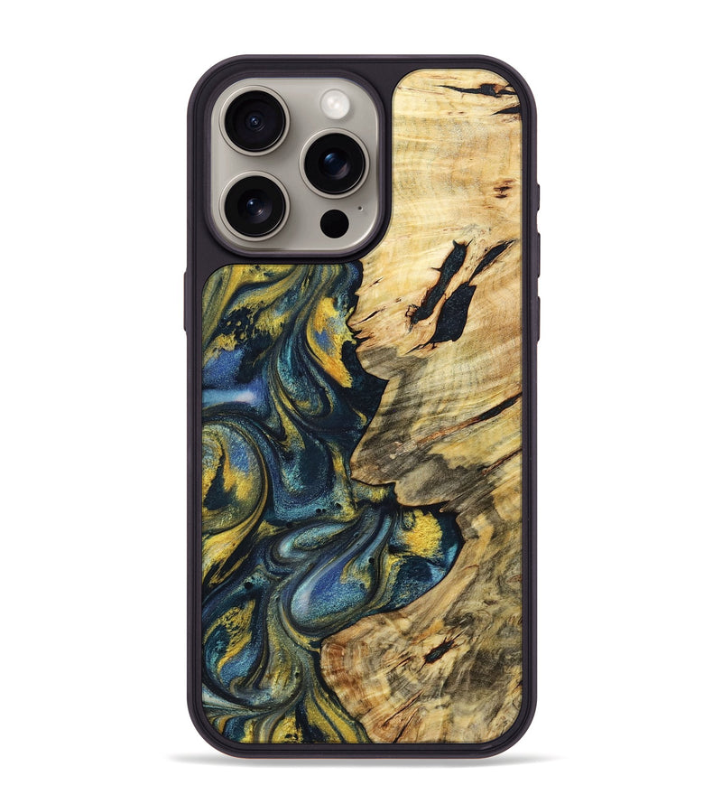 iPhone 15 Pro Max Wood+Resin Phone Case - Mandy (Teal & Gold, 719590)